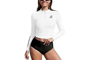 BesserBay Women's UPF 50+ Crop Rash Guard Surfing Top Long Sleeve Zip Front Swim Shirt