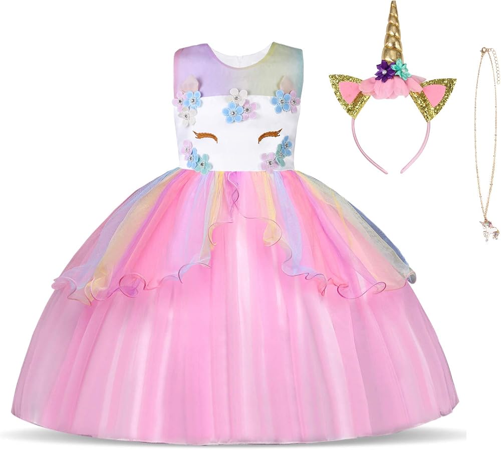 URAQT Unicorn Dress for Girls Princess Costume 4-5Y Pink Necklace Headband