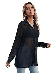Floerns Women's Button Front Long Sleeve Mesh Shirt