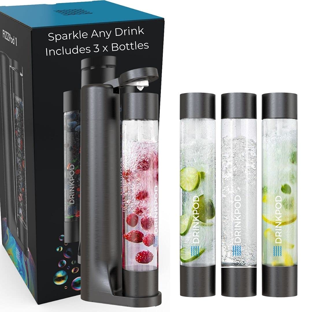 Fizzpod Sparkling Water Maker Soda Maker Infused Fruits Soda Maker Machine for Carbonating with 1L Carbonating Bottle, Seltzer Fizzy Water Maker, Includes 3 x 1l Carbonating Bottle Compatible with 60L