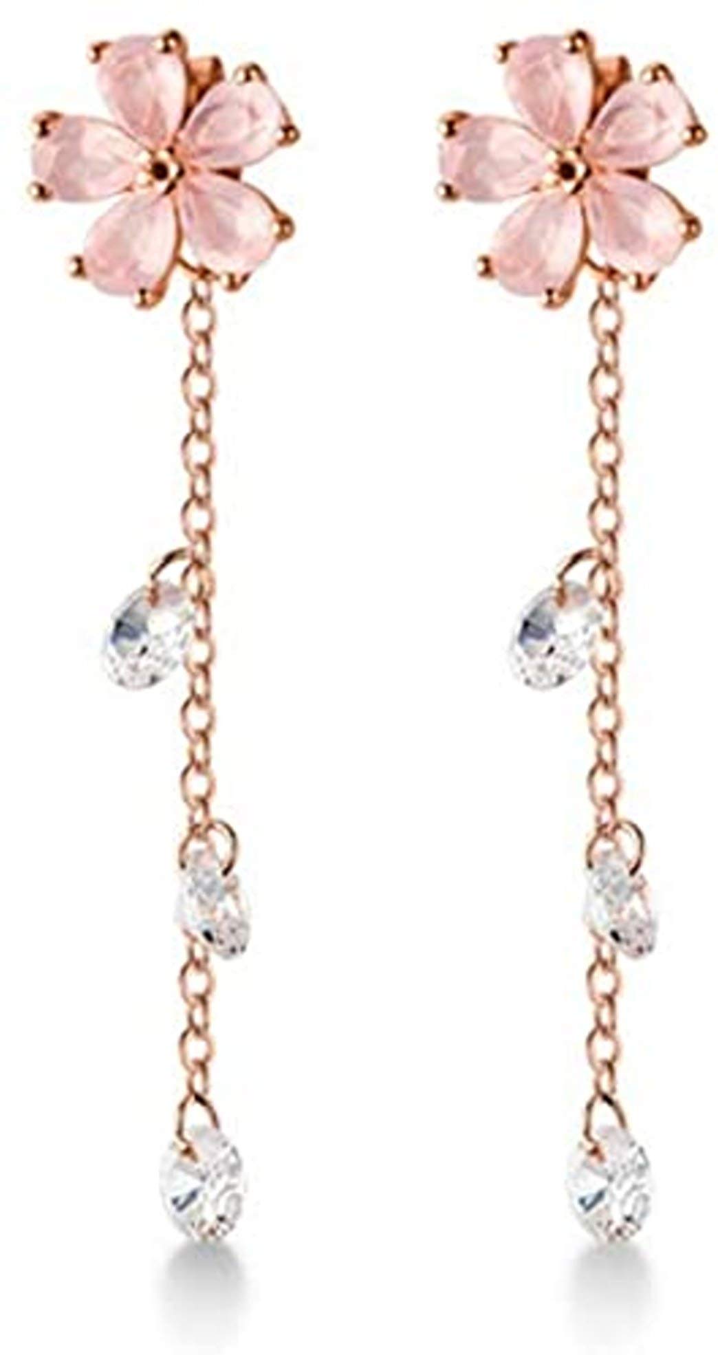 Dainty Cherry Blossoms Dangle Stud Earrings S925 Sterling Silver for Women Girls Rose Gold Pink Crystal Cubic Zirconia Dangling Charm Flower Leaf Threader Earring Ear Jackets Cute Jewelry Gifts