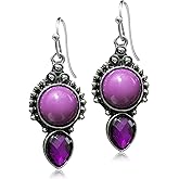 ANDPAI Unique Bohemian Handmade Vintage Silver Lightweight Purple Stone Teardrop Dangle Drop Earrings for Women Statement Geometry Jewelry Gifts