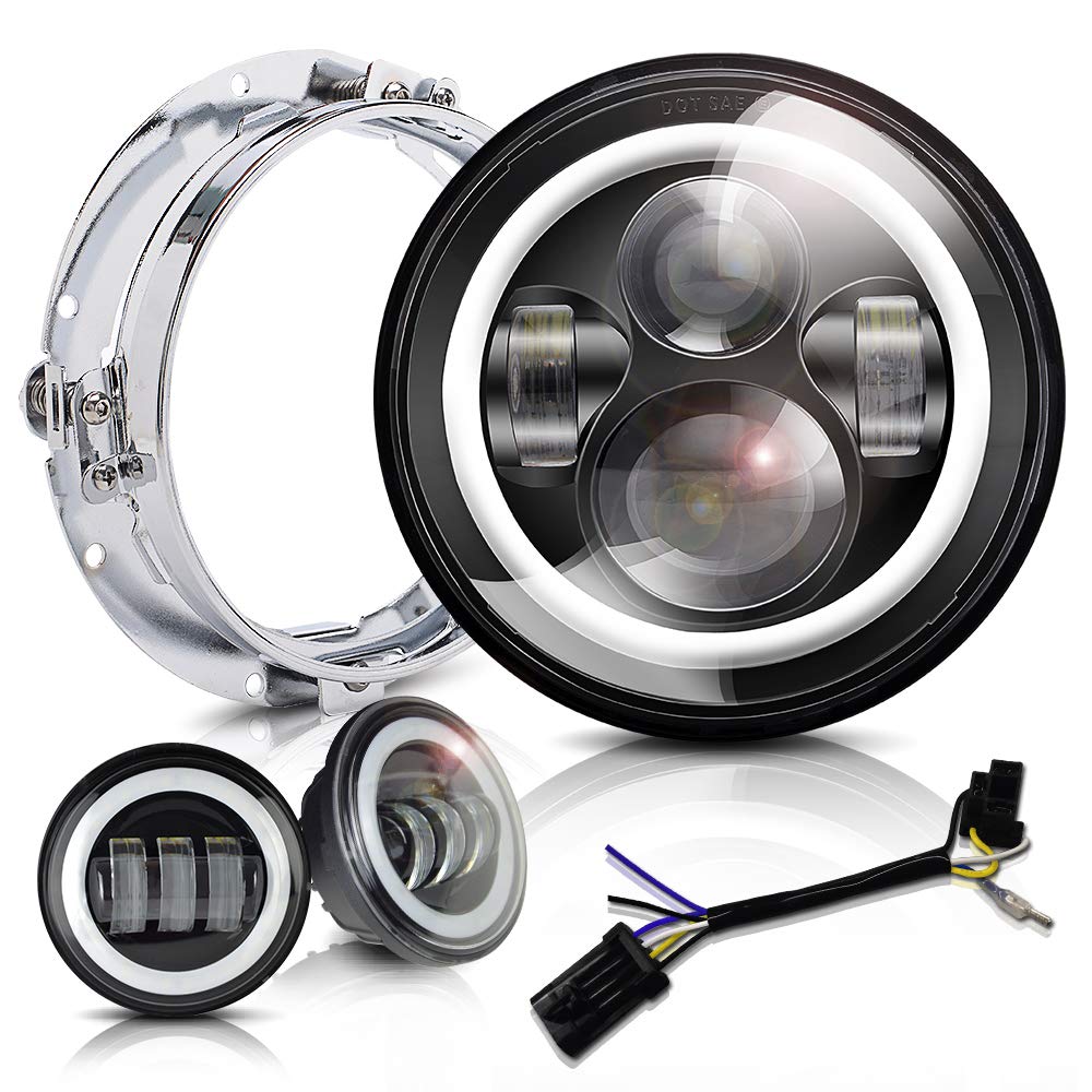 Halo LED Headlight 7 inch DOT Approved 4.5 inch Fog Passing Lights Ring Kit Motorcycle Headlamp for Harley Davidson Heritage Softail Deluxe Fatboy Touring Road King Ultra Classic Electra Street Glide