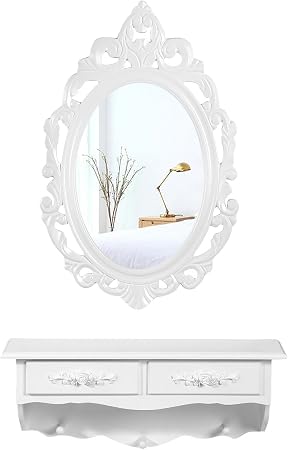 Songmics Wall Mounted Dressing Table Floating Shelf With 1 Mirror And 2 Drawers 3 Jewelry Hooks Baroque Style White Rdt16w Amazon Co Uk Kitchen Home