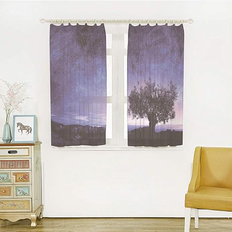 Amazon 夜空 ロングカーテン 軽い薄い オシャレ 幅100cm 丈100cm お部屋が明るい でもしっかり Uvカット 外から見えにくい 装飾的な岩アートワーク 暗い紫と黒の間で単一のブッシュツリーと星空コスモススター カーテン ブラインド オンライン通販