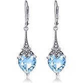 Heart Leverback Earrings 925 Sterling Silver Vintage Retro Drop Dangle Earrings with 10mm Heart Birthstone Crystal, Anniversary Birthday Jewelry Gifts for Her Women