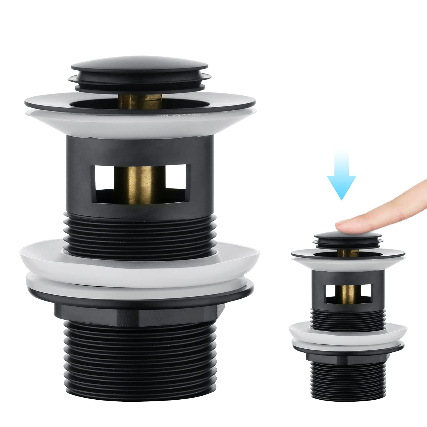 CREA Basin Sink Waste Pop Up, Click Clack Sprung Plug with Overflow for Bathroom Sink, Sprung Basin Waste Slotted, Matte Black