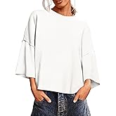 Saodimallsu Womens 3/4 Sleeve Sweaters Lightweight Crewneck Loose Pullover Casual Oversized Fall Knit Tops