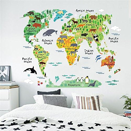 Hmond(TM) Cartoon Animals World Map Wall Stickers for Kids Room Decorations Safari Mural Art Zoo Children Home Decals Nursery Posters
