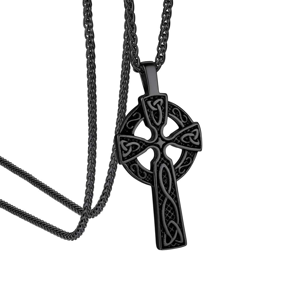 GoldChic Stainless Steel Cross Necklace for Men Women Black Pendant Necklaces Chains Knot Celtic Christian Irish Religious Nun Priest Monk Jewellery Gifts