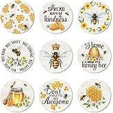 ANATTASOUL Coasters Set of 9 Bee Greeting and Flower Pattern Colorful Wooden Coasters Bulk Round Housewarming Gift for New Home, 3.9" Decorative Coffee Table Protection for Farmhouse Bar House Decor