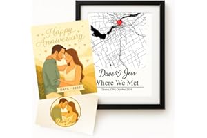 Anniversary Card Gift Set – Custom Where We Met Map Art Gift Set, Framed Print + Illustrated Happy Anniversary Card + Matchin
