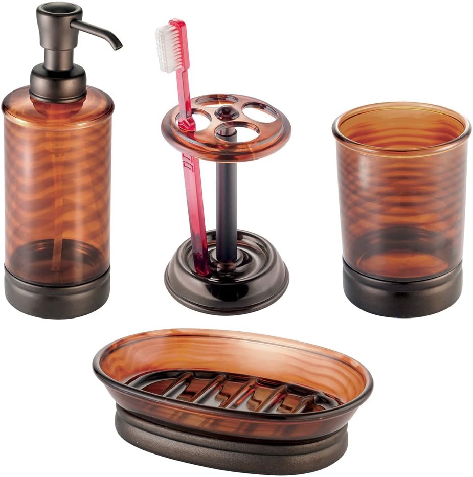 InterDesign Bath Countertop Accessory Set, Soap Dispenser Pump, Toothbrush Holder, Tumbler, Soap Dish - 4 Pieces, Brown