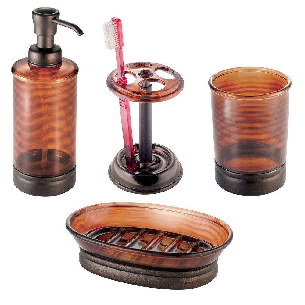 InterDesign Bath Countertop Accessory Set, Soap Dispenser Pump, Toothbrush Holder, Tumbler, Soap Dish - 4 Pieces, Brown