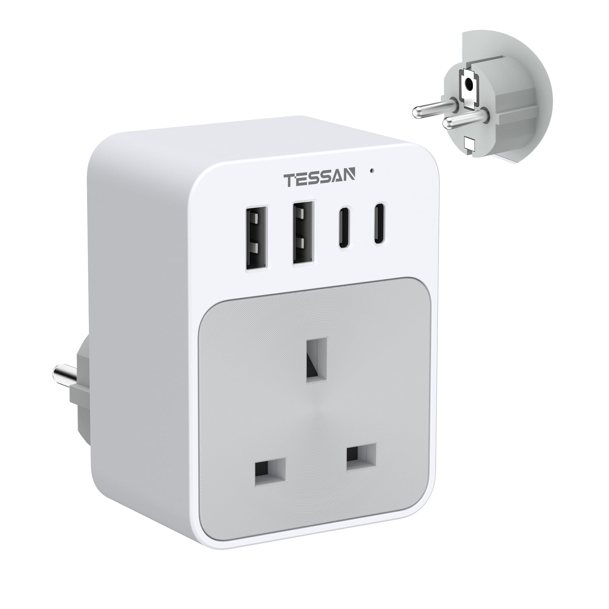 TESSAN UK to European Plug Adapter, 5 in 1 Travel Adapter with 2 USB C and 2 USB A, 3600W European Plug Adaptor, Type E F Travel for Spain France Turkey Germany