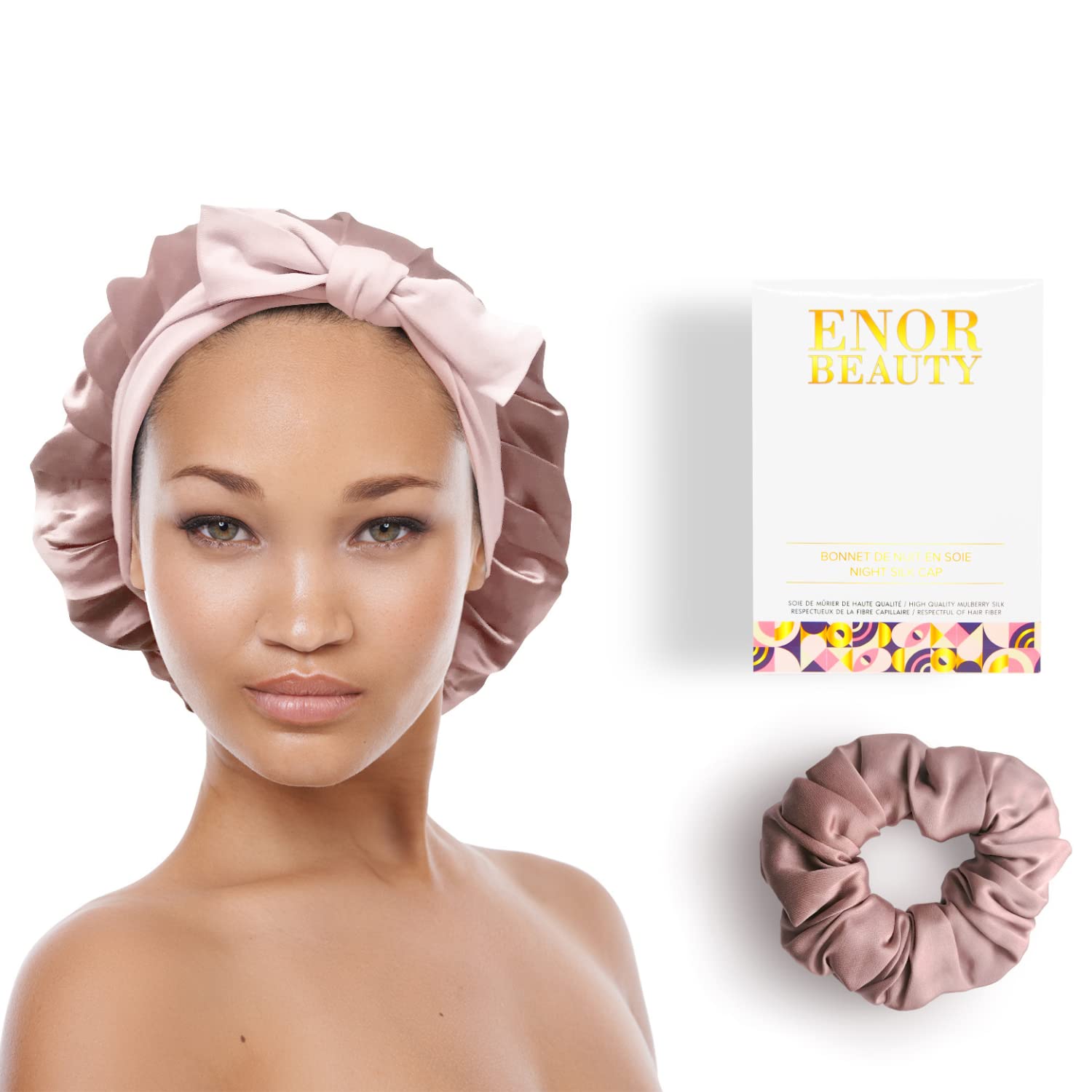 ENOR BEAUTY Women's Night Silk Cap - Protects Hair Fibre - Natural Care for Dry and Brittle Hair - Charlotte Sleep Scarf - All Types of Afro Hollowy Hair - Night Silk Sleeping Cap (Champagne)