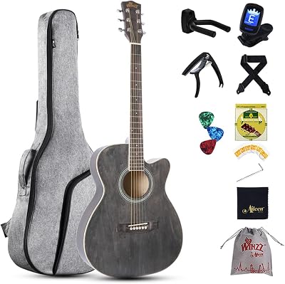 Winzz 3/4 Acoustic Guitar Beginners Folk 36 Inches Black Gray with Accessories