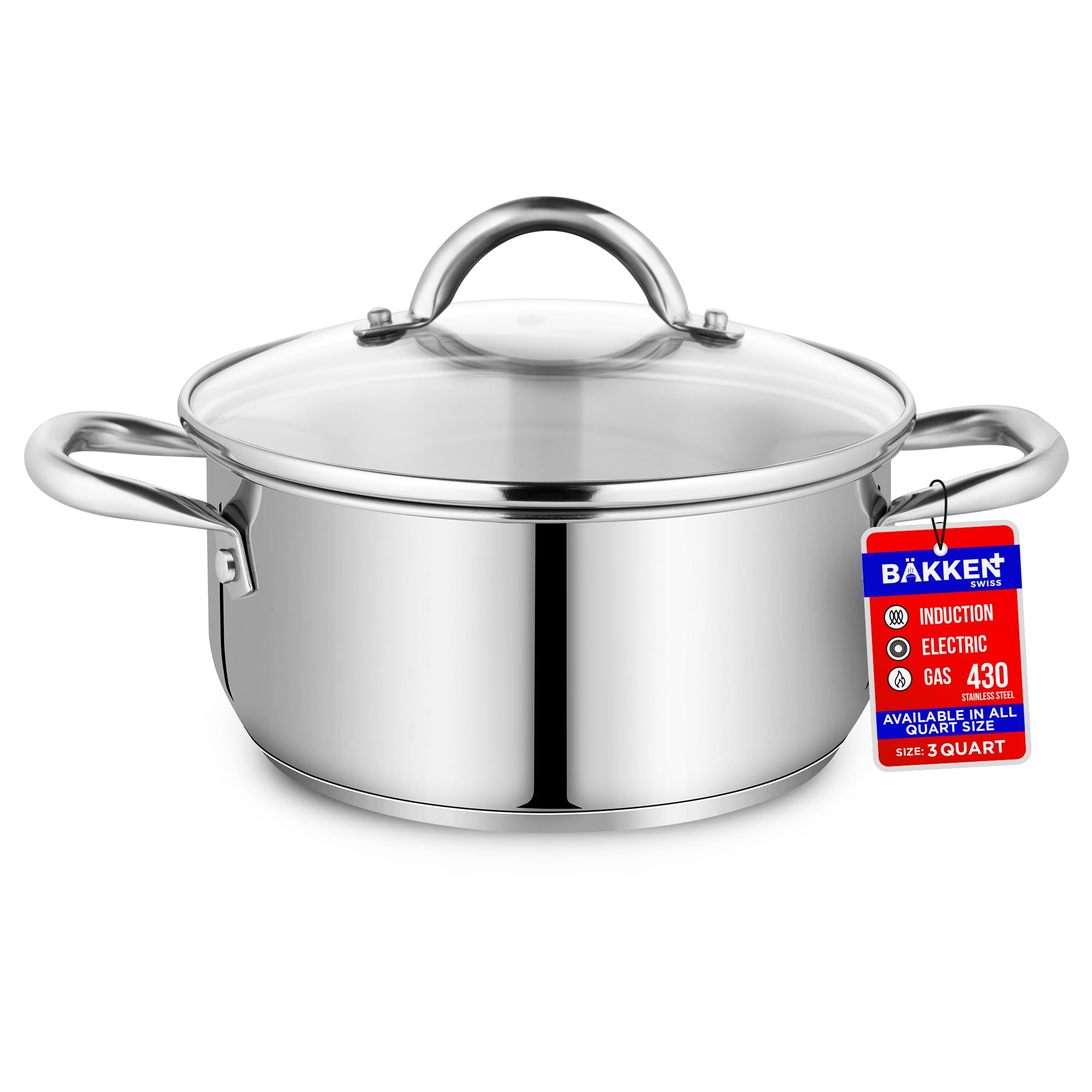 Stainless Steel Stockpot with Tempered Glass Lid 3 Quart, Durable 18/0 Stainless Steel, Impact-Bonded Base for Even Heating, Riveted Handles, Oven & All Stove Compatible, Safe Up To 500°F (260°C) Image