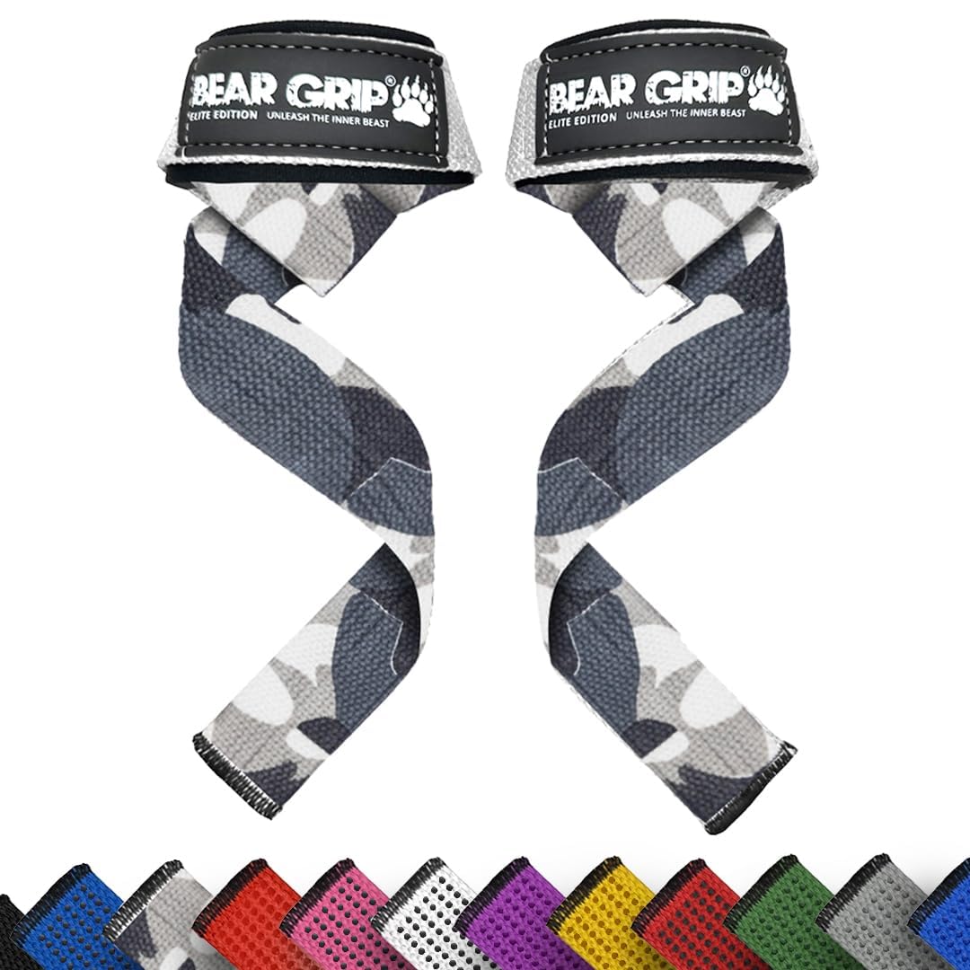 BEAR GRIP Straps - Premium Neoprene Padded Heavy Duty Double Stitched Weight Lifting Gym Straps, Deadlift, Gym Accessories for Men and Women, Advanced Gel Grip, 100% cotton, Extra long length (Camo)