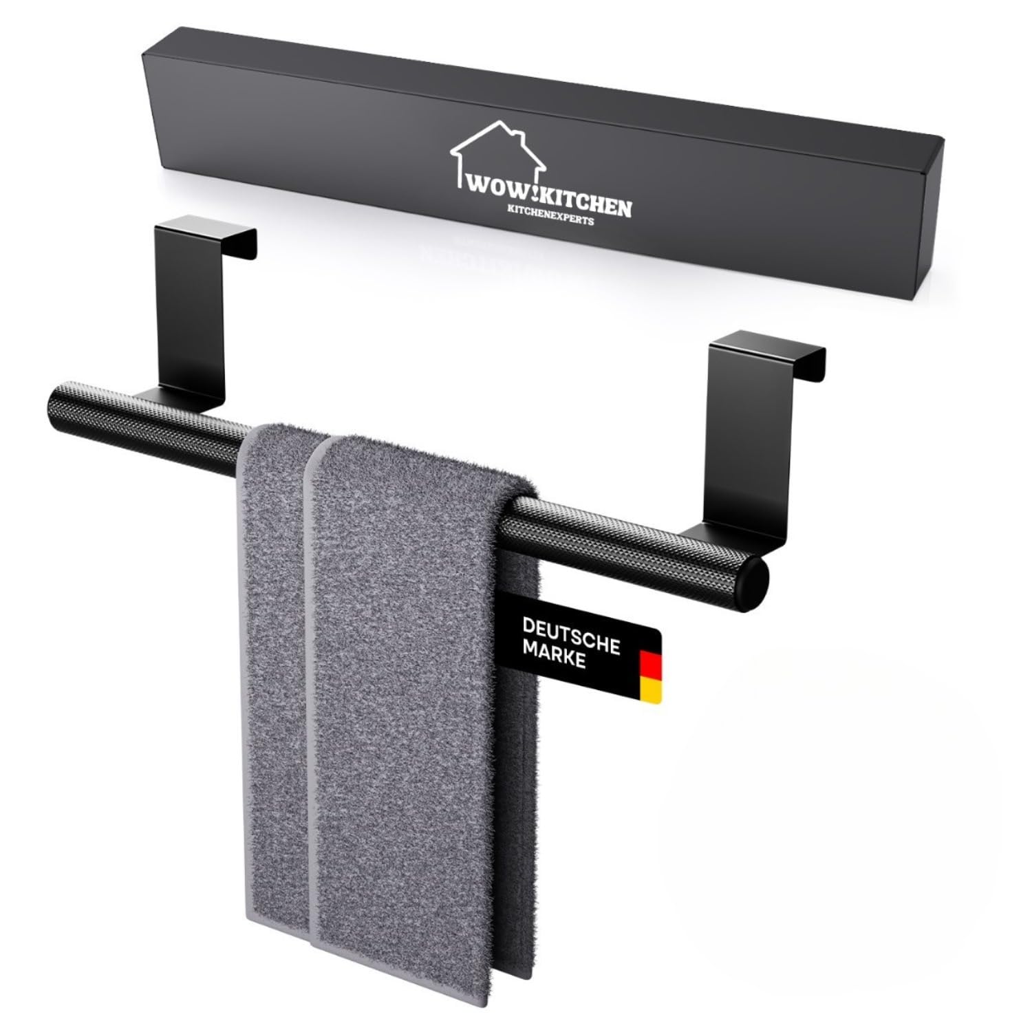 Wow!Kitchen® Hand Towel Holder No Drilling for Kitchen - Non-Slip and Stable - Tea Towels Stay Hang Thanks to Special Surface - No Gluing, No Drilling - Tea Towel Holder Black for Hanging