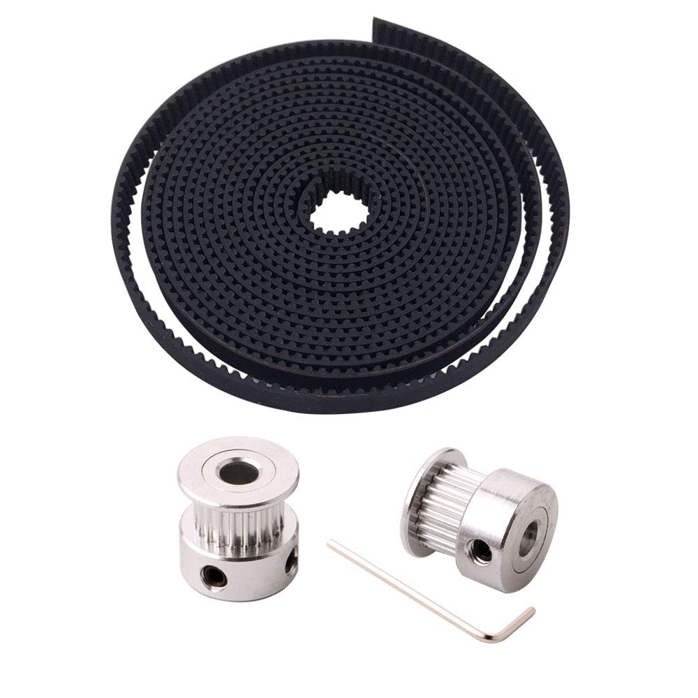 QitinDasen 2m 3D Printer GT2 Timing Belt Kit, 2mm Pitch 6mm Width Rubber Timing Belt, with 2Pcs 5mm 20-Teeth Aluminum Timing Pulley, for 3D Printer CNC Machine