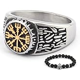 BAVIPOWER 18K Gold Plated Vegvisir Viking Compass Norse Ring Stainless Steel Asatru Pagan Scandinavian Jewelry for Men Women