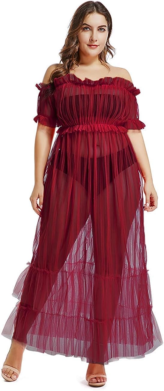 XAKALAKA Women's Sexy Lace Off Shoulder High Wasit Flared Mesh Club Maxi Dress Beach Cover Up at  Women’s Clothing store