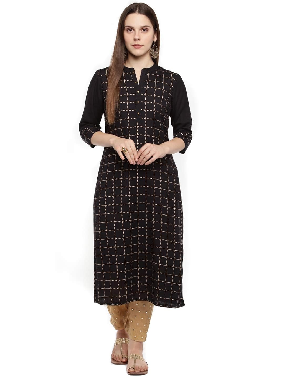 anjushree choice women stitched gold printed straight cotton kurti kurtis