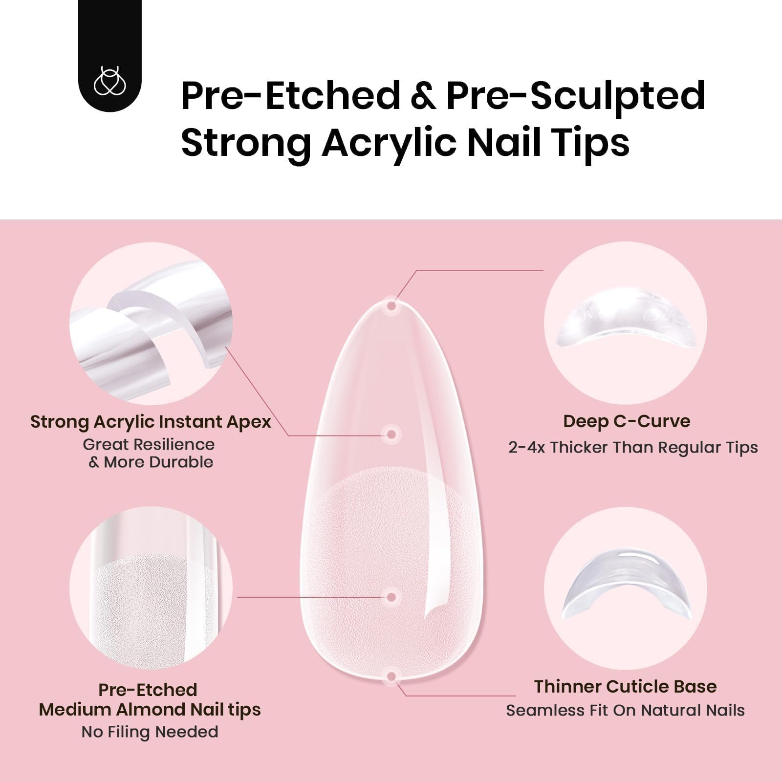 Beetles Tipex Instant Apex Nail Tips Almond Medium, Pre-Etched Pre-Building Strong Thick Acrylic,16 Sizes,192 Pieces - Image 2