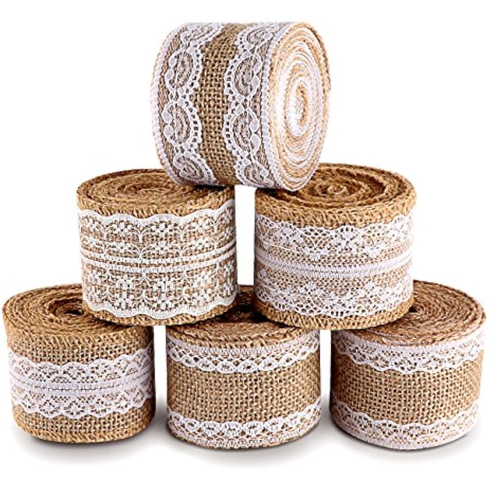 20 Yards Natural Burlap Ribbon Roll With White Lace Trims Tape 6 Rolls