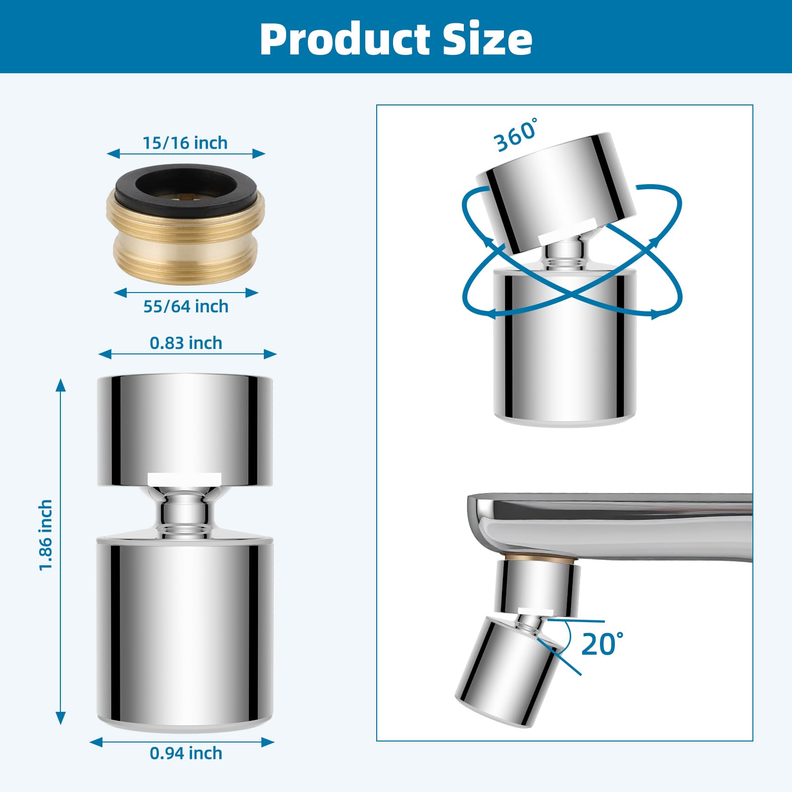 Hibbent NSF/ANSI/CAN 61 Certified Faucet Aerator, CUPC Certification 360° Twist Kitchen Sink Aerator, Dual-function Sink Sprayer Attachment, Faucet Replacement Part 55/64'' Female Thread, Chrome
