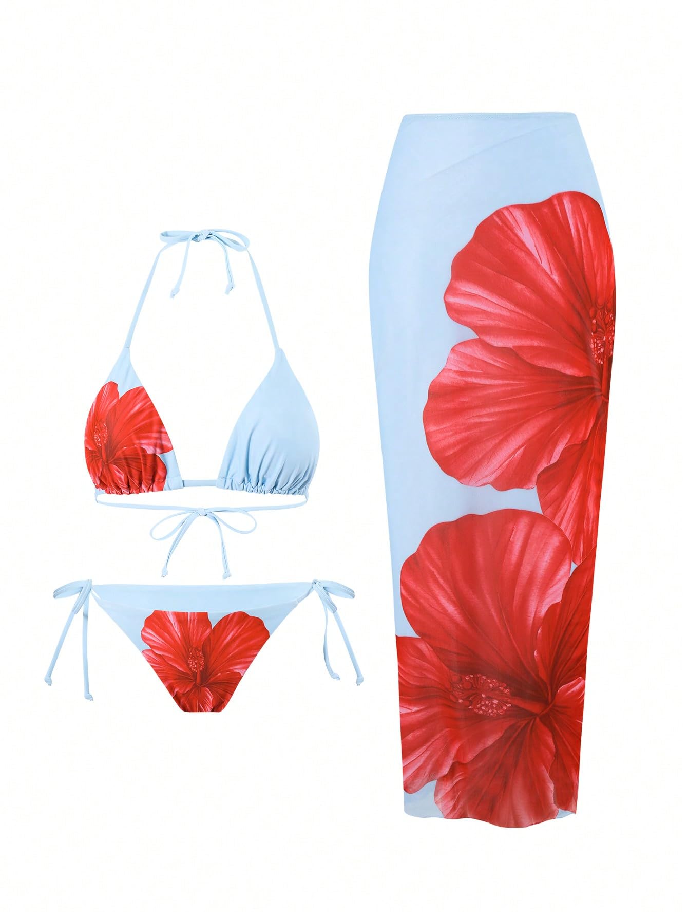 Photo 1 of ZAFUL Womens 3pcs Swimsuit Floral Halter Triangle Bikini Top Tie Side Bottom with Long Sheer Cover Up Skirt 2-Light Blue XL