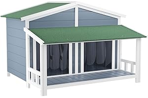 AHCEDARS Dog House, Waterproof Dog Kennel, 47.2" Wooden Outdoor and Indoor Dog House, Log Cabin Style with Porch,Elevated Floor, 2 Doors, Pine Wood + Green