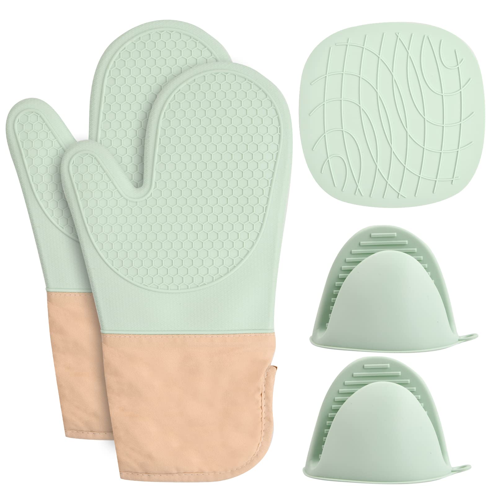 Set of Silicone Oven Gloves Heat Resistant, Pot Holder, Pot Mat, Silicone Oven Mitts Potholder Green Oven Glove Set for Home Kitchen Cooking, Baking, Grilling