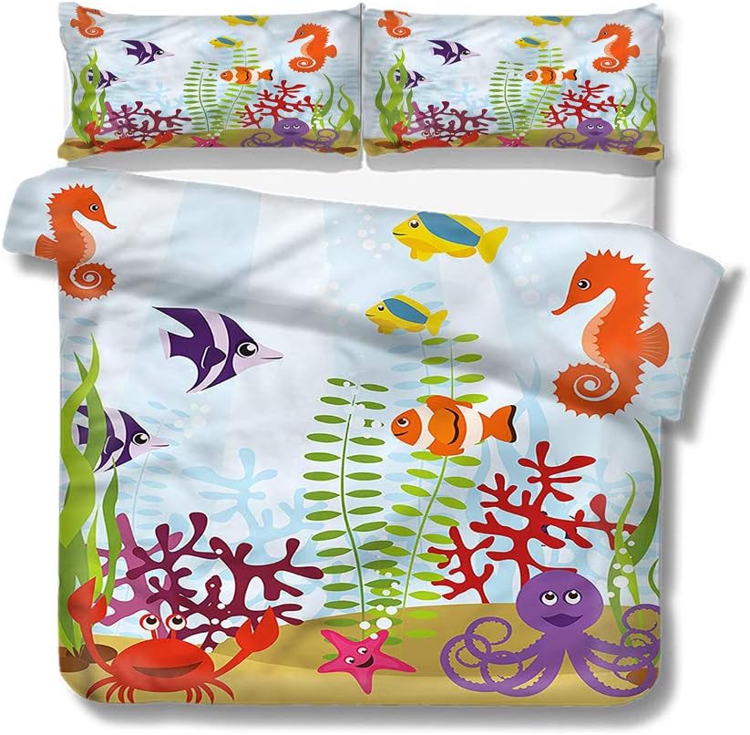 Mademai Twin Size Duvet Cover Set Aquarium,Tropical Aquatic Habitat for Kids/Teens/Adults Hidden Zipper Quilt Cover Printed