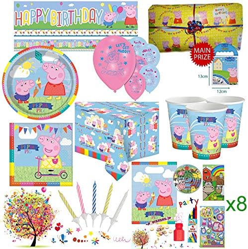 Peppa Pig Party Kit For 8 Guests With Pre Filled Party Bags, Pass The Parcel, Banner, Balloons And Tableware - Ultimate Set With FREE Downloadable Party Games