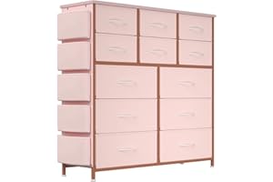 JOJOKA 12 Dresser for Bedroom, Chest of Drawers for Bedroom with Side Pockets and Hooks, Fabric Storage Dresser, Sturdy Steel Frame, Wood Top, Easy Pull Handle (Pink)