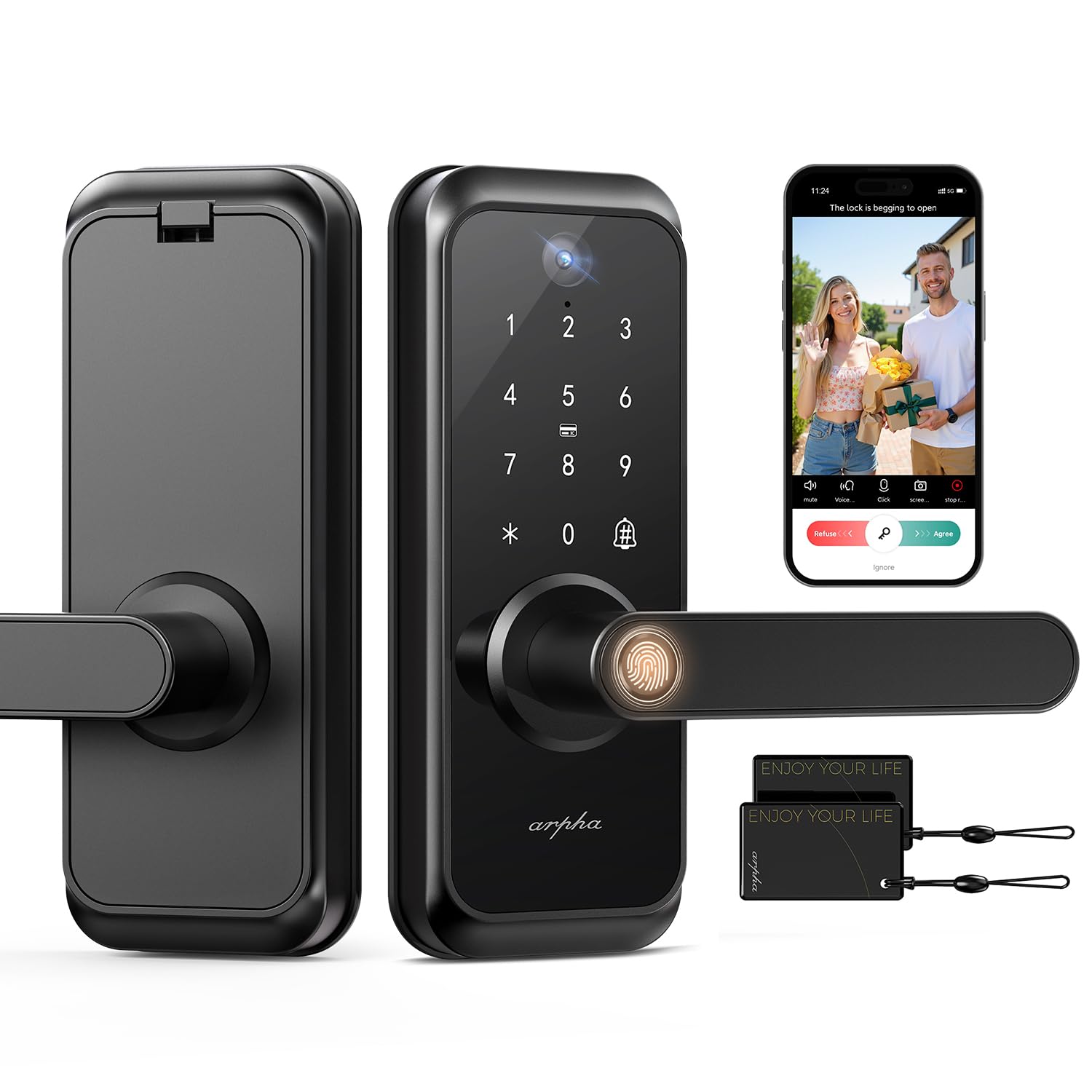 WiFi Video Smart Lock with Camera & Handle - 6-in-1 Keyless Entry (Fingerprint/App/Keypad/FOB/Key), Electric Deadbolt Door Knob for Front, Built-in WiFi, 2-Way Audio, Auto-Lock, Waterproof - Black