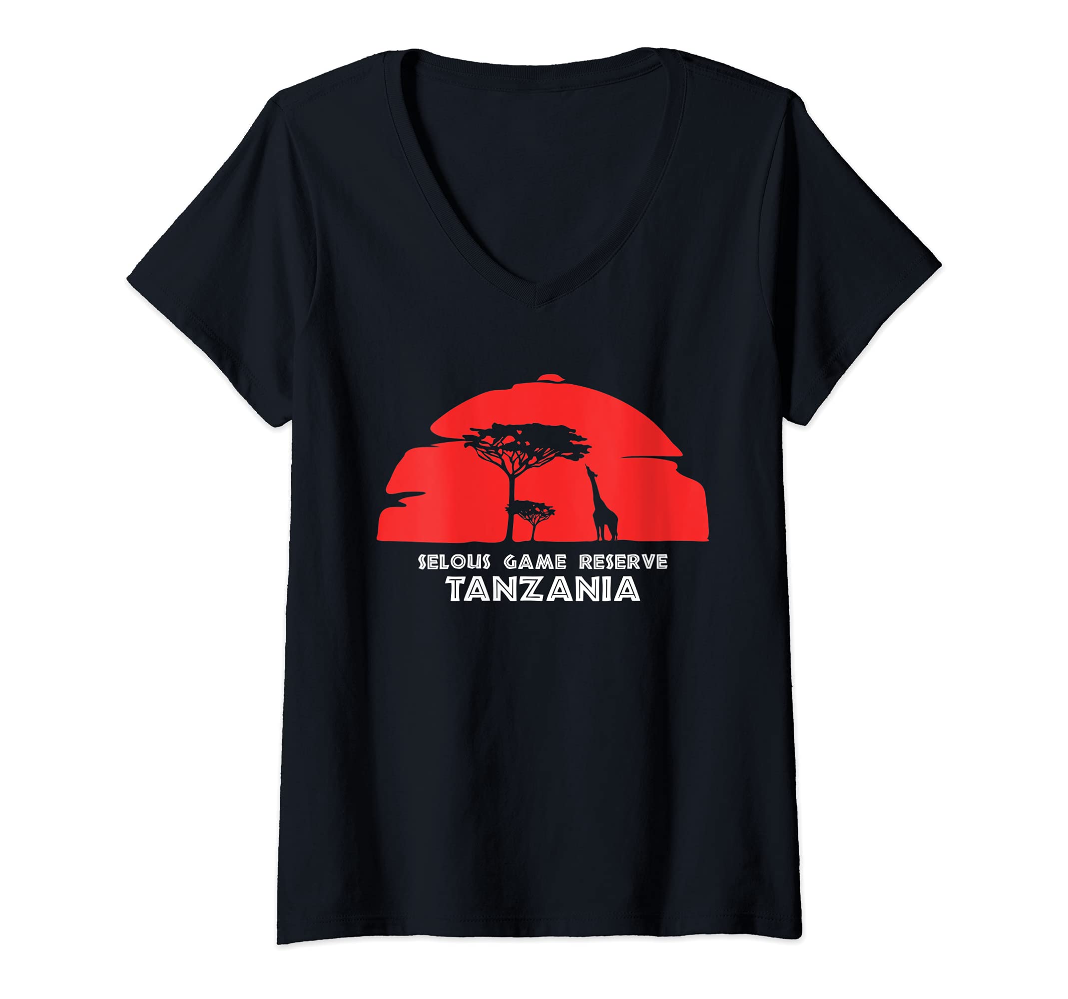 Womens Selous Game Reserve, Tanzania Africa Safari Girrafe V-Neck T-Shirt