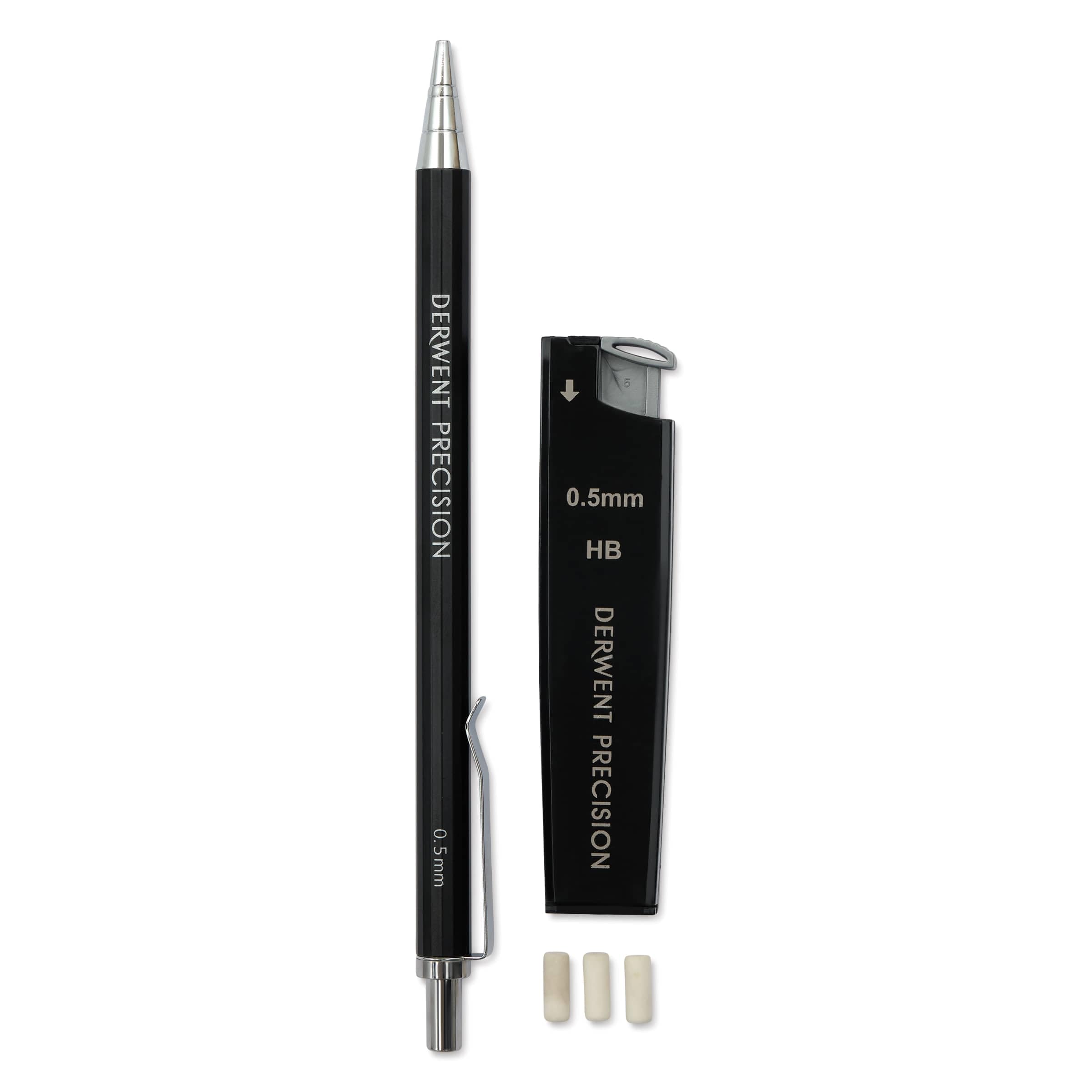 Derwent 0.5 mm Precision Mechanical Pencil, HB Leads and Erasers Included, Professional Quality, 2302428, Black