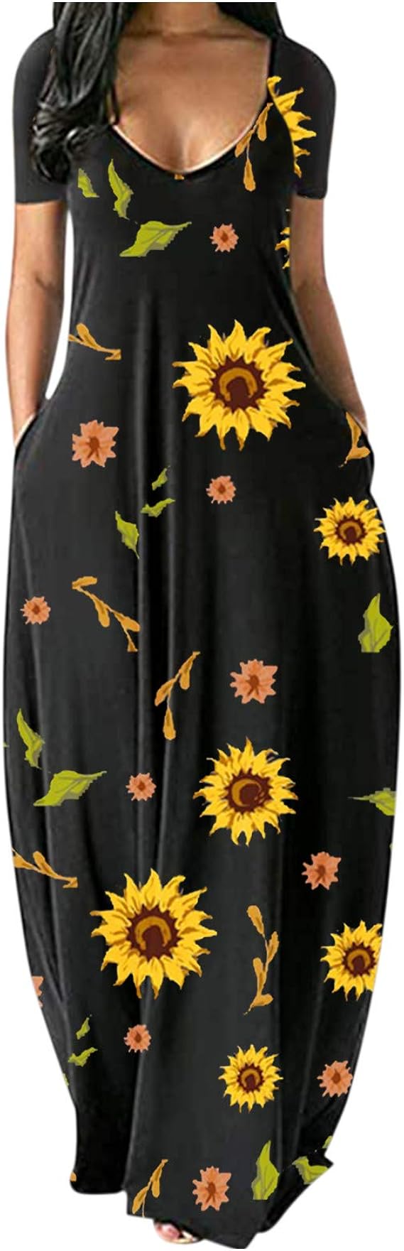 DFGJ Women Sunflower Printing Short Sleeve Maxi Dress Casual Sundress Beach Long Dress: Amazon 