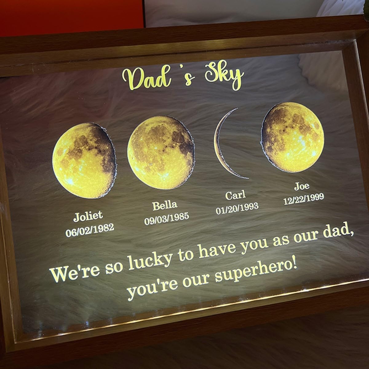 Personalized Moon Phase Light Frame for Dad/MOM and Family Custom LED Frame with Kids Names and Birthdates Perfect Gift for Father's Day Mother's Day Birthdays and Anniversaries