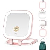 Mocado Compact Travel Makeup Mirror, 1X/30X Magnifying Mirror with Light, Double Sides Compact Mirror with 3 Color Light, Dimmable Handheld Mirror, Rechargeable Travel for Purse,Pocket(Pink)