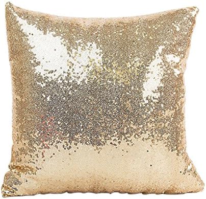 YooKa Sequins Pillow Cushion Case, Glitter Paillette Sequins Throw Pillow Case Decorative Glitzy Comfy Satin Solid Color Throw Pillow Cover 16"X16" Gold