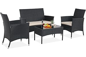 BPTD 4 Pieces Outdoor Furniture Set PE Wicker Ratten Chairs Set Conversation Set Balcony Furniture with Cushion and Table for Backyard, Garden, Porch and Poolside (Black/Beige)