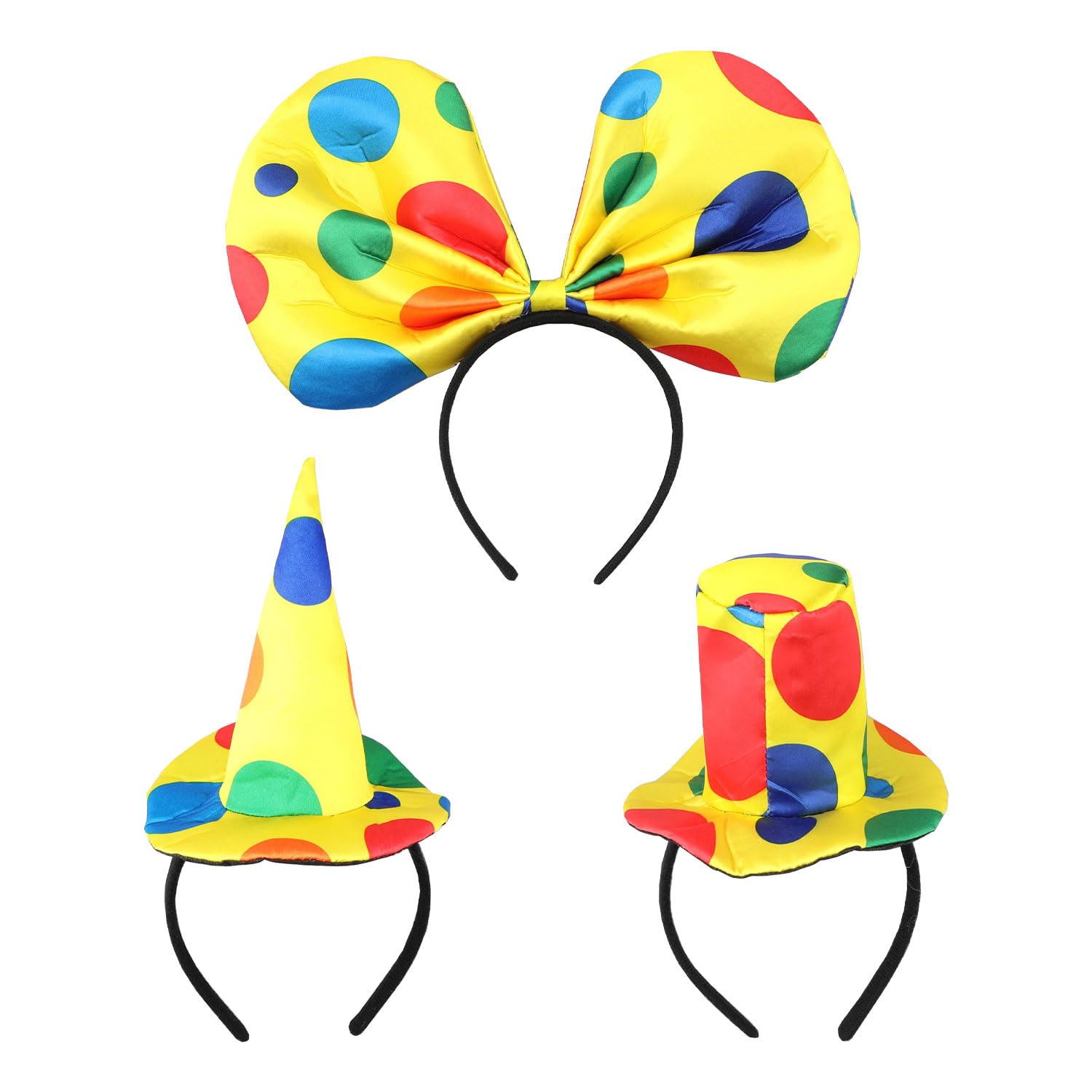 RmKbe 3 Pieces Clown Hat Headband Clown Top Hat Jumbo Polka Dots Headwear Bowknot Headdress Hairband Jester Headband for Halloween Cosplay