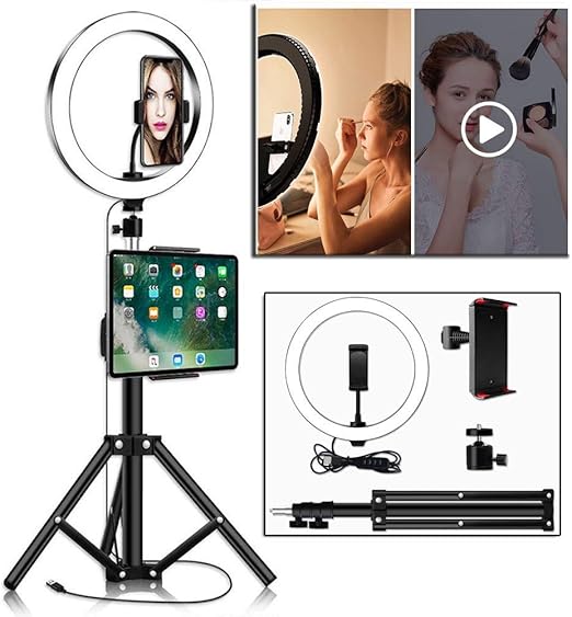 10" Selfie Light Ring with IPad Holder Cell Phone Holder, Extendable