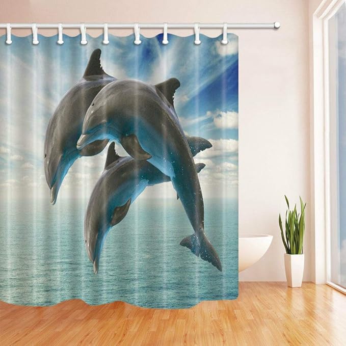 Dolphins Jumping Out of the Shower Curtain in Polyester Fabric with Hooks 183 x 183 cm Amazon