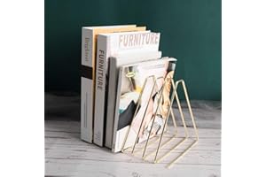 BXT Decorative Bookends for Shelves Desktop Gold Mini Book Rack 7 Compartments Display Metal Expandable CD Holder Elastic Book Stand for Magazine,Notebook,Music Sheets,Cookbook (Gold)