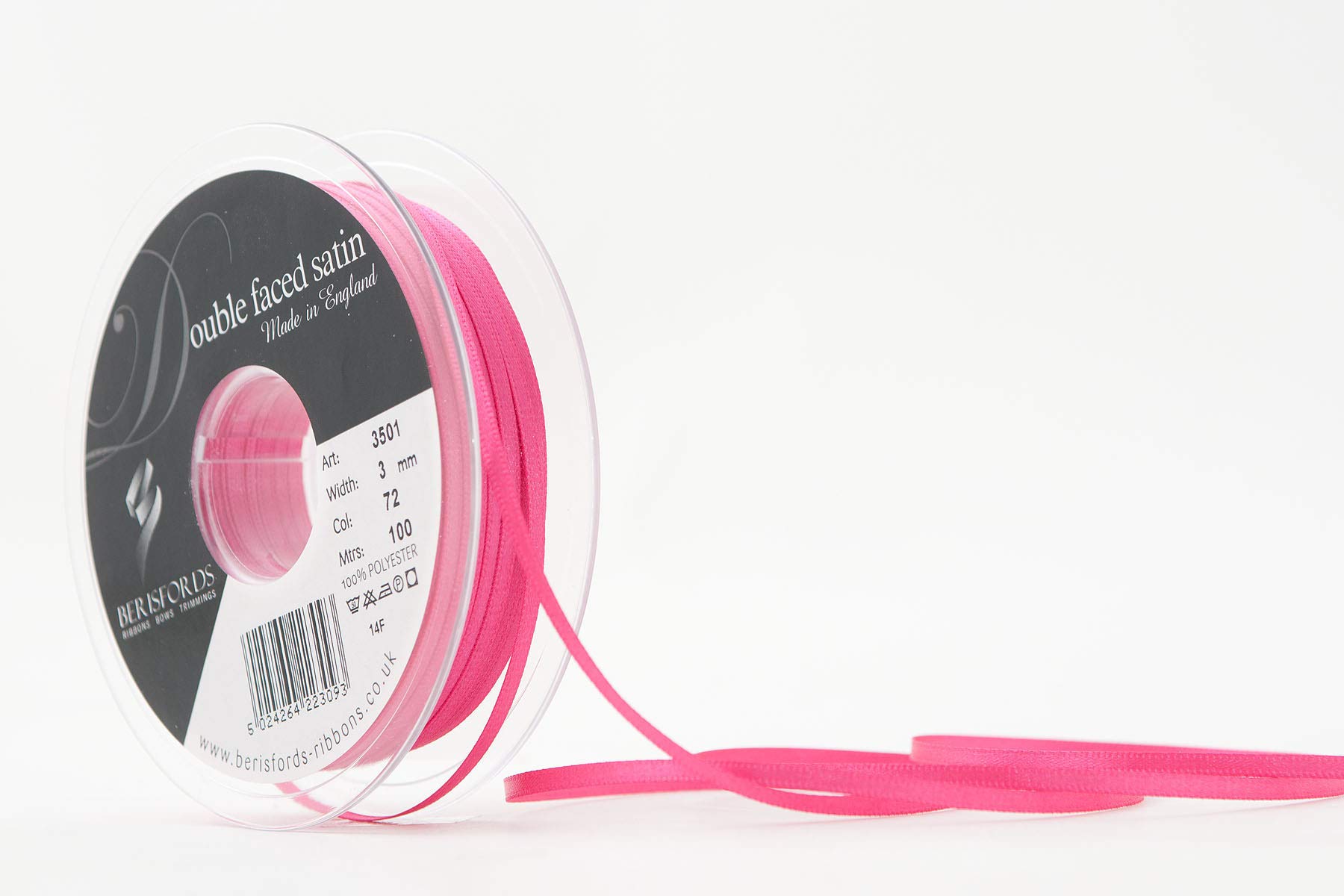 Berisfords Double Faced Satin Ribbon, Shock Pink, 3 mm Width, 100 metre Length